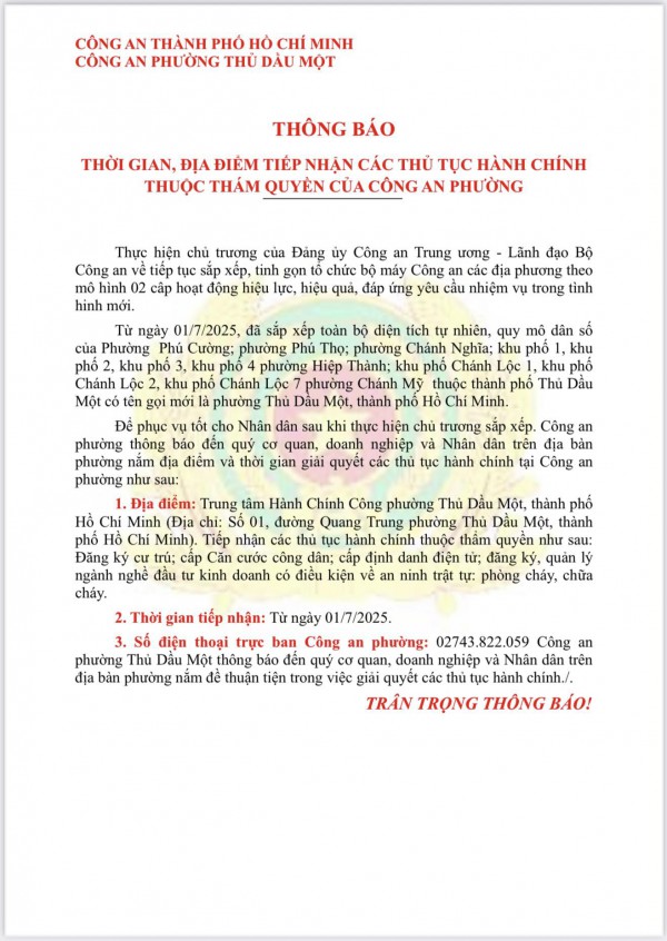 Công an phường Thủ Dầu Một tiếp nhận thủ tục hành chính ở đâu?