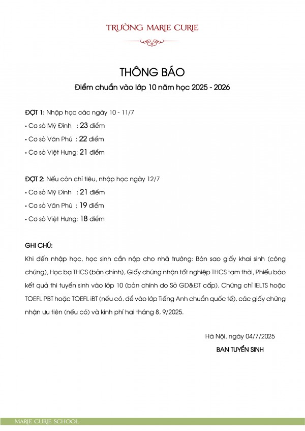 Trường tư thục 'hot' công bố điểm chuẩn vào lớp 10